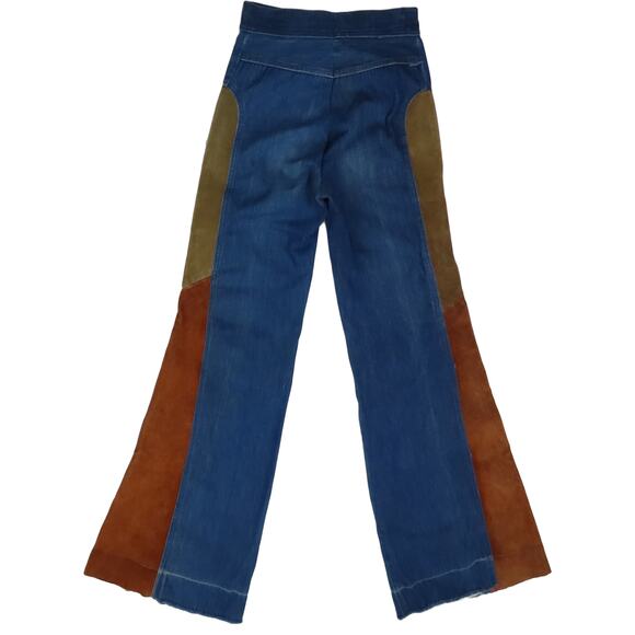 70s Vintage Hippie Bell Bottom Festival Boho Denim & Suede Leather Jeans 24 - Picture 2 of 6